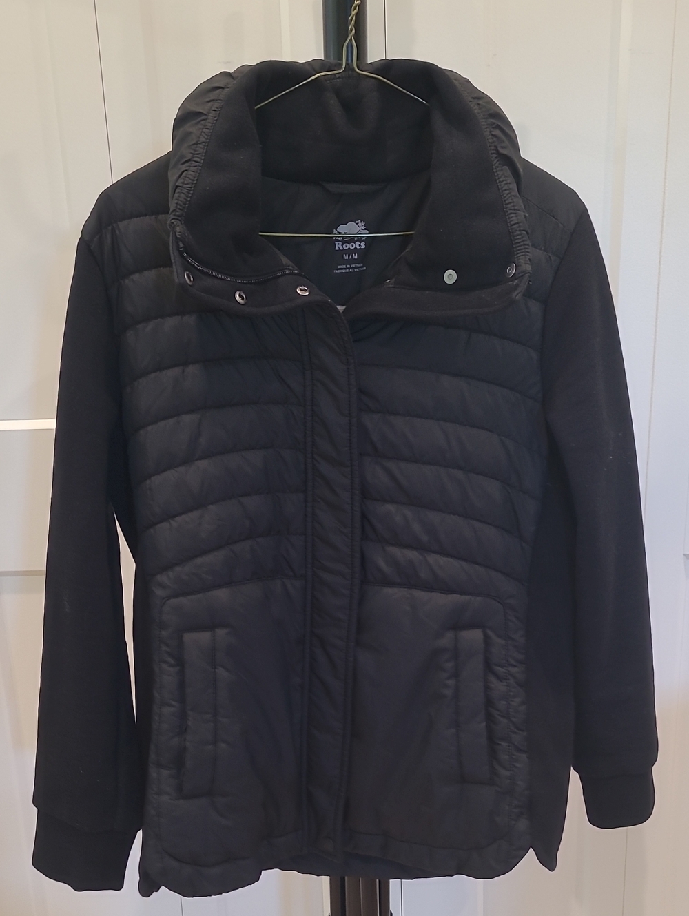 Roots Black Quilted Puffer Jacket with Knit Sleeves